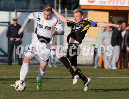 Fussball Regionalliga. SAK gegen Lafnitz. Darijo Biscan, (SAK), Wolfgang Waldl  (Lafnitz). Welzenegg, am 10.4.2015.
Foto: Kuess
---
pressefotos, pressefotografie, kuess, qs, qspictures, sport, bild, bilder, bilddatenbank