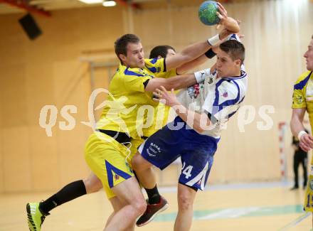 Handball Bundesliga. Aufstiegs Play Off. Halbfinale. SC Ferlach gegen UHC Erste Bank Hollabrunn. Mladan Jovanovic, (SCF),  Florian Ruf (Hollabrunn). Ferlach, am 11.5.2015.
Foto: Kuess
---
pressefotos, pressefotografie, kuess, qs, qspictures, sport, bild, bilder, bilddatenbank