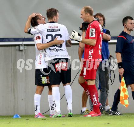 Fussball. UEFA Europa League 2015/2016. Second Qualifying Round. RZ Pellets WAC gegen FC Shakhtyor Soligorsk. Jubel Philip Hellquist, Michael Sollbauer, Alexander Kofler (WAC). Klagenfurt, am 23.7.2015.
Foto: Kuess
---
pressefotos, pressefotografie, kuess, qs, qspictures, sport, bild, bilder, bilddatenbank