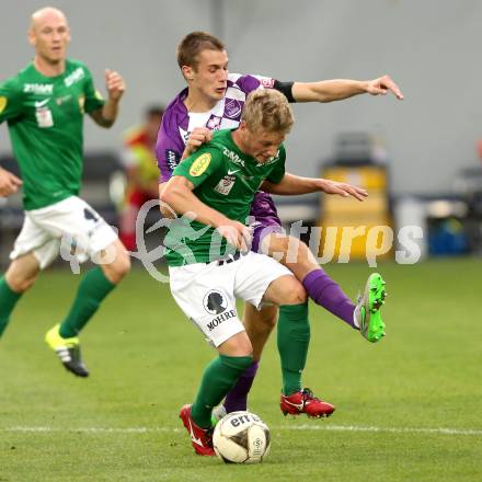Fussball Sky go Erste Liga. SK Austria Klagenfurt gegen SC Austria Lustenau.  Patrik Eler (Klagenfurt), Pius Grabher (Lustenau). Klagenfurt, am 15.9.2015.
Foto: Kuess
---
pressefotos, pressefotografie, kuess, qs, qspictures, sport, bild, bilder, bilddatenbank