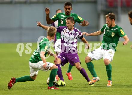 Fussball Sky go Erste Liga. SK Austria Klagenfurt gegen SC Austria Lustenau.   Ali Hamdemir (Klagenfurt), Pius Grabher, Seifedin Chabbi (Lustenau). Klagenfurt, am 15.9.2015.
Foto: Kuess 
---
pressefotos, pressefotografie, kuess, qs, qspictures, sport, bild, bilder, bilddatenbank