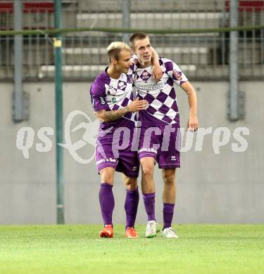 Fussball Sky go Erste Liga. SK Austria Klagenfurt gegen SC Austria Lustenau.   Torjubel Rajko Rep, Patrik Eler (Klagenfurt). Klagenfurt, am 15.9.2015.
Foto: Kuess 
---
pressefotos, pressefotografie, kuess, qs, qspictures, sport, bild, bilder, bilddatenbank