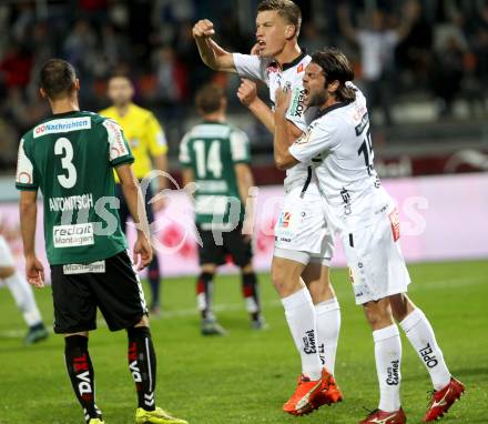 Fussball tipico Bundesliga. RZ Pellets WAC gegen SV Josko Ried. Torjubel Nemanja Rnic, Daniel Drescher (WAC). Wolfsberg, am 3.10.2015.
Foto: Kuess
---
pressefotos, pressefotografie, kuess, qs, qspictures, sport, bild, bilder, bilddatenbank