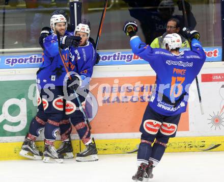EBEL. Eishockey Bundesliga. EC VSV gegen Moser Medical Graz 99ers.  Torjubel Rick Schofield, Nico Brunner, Ziga Pance (VSV). Villach, am 30.10.2015.
Foto: Kuess 


---
pressefotos, pressefotografie, kuess, qs, qspictures, sport, bild, bilder, bilddatenbank