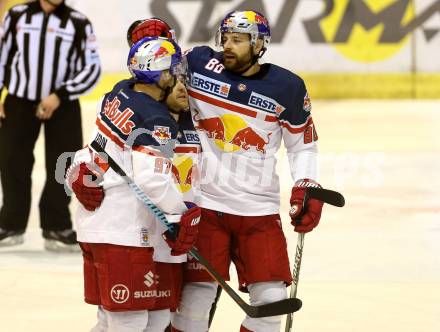 EBEL. Eishockey Bundesliga. KAC gegen EC Red Bull Salzburg. Torjubel Ryan Duncan, Pehr Ledin, Zdenek Kutlak (Salzburg). Klagenfurt, am 5.1.2016.
Foto: Kuess

---
pressefotos, pressefotografie, kuess, qs, qspictures, sport, bild, bilder, bilddatenbank