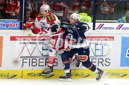 EBEL. Eishockey Bundesliga. EC VSV gegen KAC. Mark Santorelli,  (VSV), Patrick Harand (KAC). Villach, am 15.1.2016.
Foto: Kuess 


---
pressefotos, pressefotografie, kuess, qs, qspictures, sport, bild, bilder, bilddatenbank