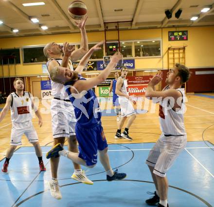 Basketball 2. Bundesliga 2015/16 Grunddurchgang 20. Runde. Woerthersee Piraten gegen Vienna D.C. Timberwolves. Joachim Buggelsheim,  (Piraten),  Claudio Vancura (Timberwolves). Klagenfurt, 27.2.2016.
Foto: Kuess
---
pressefotos, pressefotografie, kuess, qs, qspictures, sport, bild, bilder, bilddatenbank