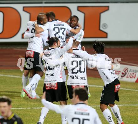 Fussball tipico Bundesliga. RZ Pellets WAC gegen Cashpoint SCR Altach. Torjubel Marc Andre Schmerboeck,  (WAC). Lavanttal Arena, am 1.3.2016.
Foto: Kuess
---
pressefotos, pressefotografie, kuess, qs, qspictures, sport, bild, bilder, bilddatenbank