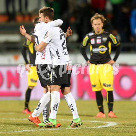 Fussball tipico Bundesliga. RZ Pellets WAC gegen Cashpoint SCR Altach. Jubel Christoph Rabitsch, Peter Tschernegg (WAC). Lavanttal Arena, am 1.3.2016.
Foto: Kuess
---
pressefotos, pressefotografie, kuess, qs, qspictures, sport, bild, bilder, bilddatenbank
