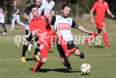 Fussball Kaerntner Liga. ATUS Ferlach gegen Maria Saal. Lukas Jaklitsch,  (Ferlach), Roland Krenn (Maria Saal). Ferlach, am 19.3.2016.
Foto: Kuess
---
pressefotos, pressefotografie, kuess, qs, qspictures, sport, bild, bilder, bilddatenbank