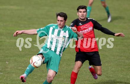 Fussball Unterliga West. Nussdorf gegen Radenthein. Aldamir Araujo Da Silva Filho, (Nussdorf), Stefan Rauter  (Radenthein). Nussdorf Debant, am 2.4.2016.
Foto: Kuess
---
pressefotos, pressefotografie, kuess, qs, qspictures, sport, bild, bilder, bilddatenbank