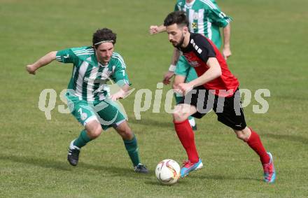 Fussball Unterliga West. Nussdorf gegen Radenthein. Peter Stojanovic,  (Nussdorf), Manuel Lips (Radenthein). Nussdorf Debant, am 2.4.2016.
Foto: Kuess
---
pressefotos, pressefotografie, kuess, qs, qspictures, sport, bild, bilder, bilddatenbank