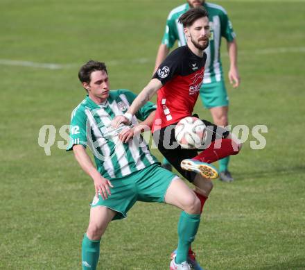Fussball Unterliga West. Nussdorf gegen Radenthein. Peter Stojanovic,  (Nussdorf),  Stefan Rauter (Radenthein). Nussdorf Debant, am 2.4.2016.
Foto: Kuess
---
pressefotos, pressefotografie, kuess, qs, qspictures, sport, bild, bilder, bilddatenbank