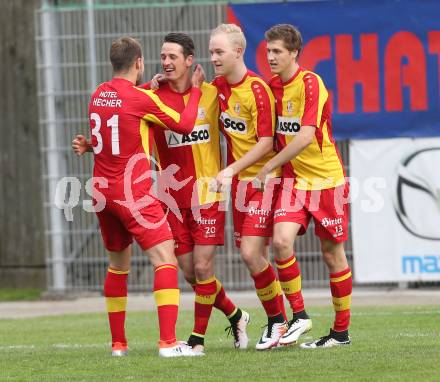 Fussball Kaerntner Liga. ATSV Wolfsberg gegen ATUS Ferlach.  Torjubel Marcel Maximilian Stoni, Patrick Pfennich, Thomas Heine, Miha Robic (Wolfsberg). Wolfsberg, am 25.5.2016.
Foto: Kuess
---
pressefotos, pressefotografie, kuess, qs, qspictures, sport, bild, bilder, bilddatenbank