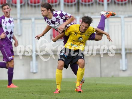 Fussball Regionalliga. SK Austria Klagenfurt gegen Allerheiligen. Raphael Nageler, (Klagenfurt), Bastian Rupp (Allerheiligen). Klagenfurt, am 29.7.2016.
Foto: Kuess
---
pressefotos, pressefotografie, kuess, qs, qspictures, sport, bild, bilder, bilddatenbank