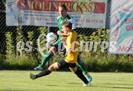 Fussball 1. Klasse B. Faakersee gegen Bad Bleiberg. Florian Pribernig,  (Faakersee), Rene Hecher (Bad Bleiberg). Faakersee, am 7.8.2016.
Foto: Kuess
---
pressefotos, pressefotografie, kuess, qs, qspictures, sport, bild, bilder, bilddatenbank