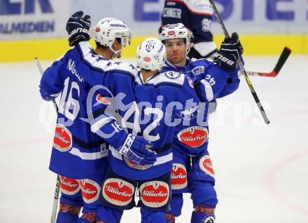 Eishockey Testspiel. VSV gegen Riessersee.  Torjubel Daniel Nageler, Florian Kucher, Brock McBride (VSV). Villach, 26.8.2016.
Foto: Kuess
---
pressefotos, pressefotografie, kuess, qs, qspictures, sport, bild, bilder, bilddatenbank