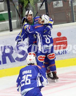 EBEL. Eishockey Bundesliga.  VSV gegen HC Orli Znojmo. Torjubel Miha Verlic, Corey Locke, (VSV). Villach, am 18.9.2016.
Foto: Kuess 
---
pressefotos, pressefotografie, kuess, qs, qspictures, sport, bild, bilder, bilddatenbank