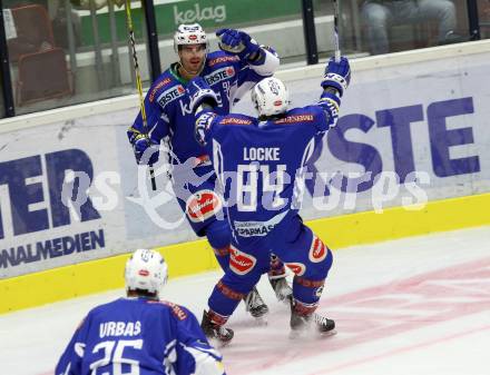 EBEL. Eishockey Bundesliga.  VSV gegen HC Orli Znojmo. Torjubel Miha Verlic, Corey Locke, (VSV). Villach, am 18.9.2016.
Foto: Kuess 
---
pressefotos, pressefotografie, kuess, qs, qspictures, sport, bild, bilder, bilddatenbank