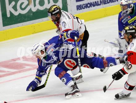 EBEL. Eishockey Bundesliga.  VSV gegen HC Orli Znojmo. Mikko Jokela, (VSV), Peter Pucher  (Znojmo). Villach, am 18.9.2016.
Foto: Kuess 
---
pressefotos, pressefotografie, kuess, qs, qspictures, sport, bild, bilder, bilddatenbank