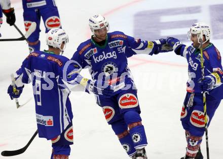 EBEL. Eishockey Bundesliga.  VSV gegen HC Orli Znojmo. Torjubel Evan McGrath, Mikko Jokela, Samuel Labrecque (VSV). Villach, am 18.9.2016.
Foto: Kuess 
---
pressefotos, pressefotografie, kuess, qs, qspictures, sport, bild, bilder, bilddatenbank