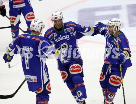 EBEL. Eishockey Bundesliga.  VSV gegen HC Orli Znojmo. Torjubel Evan McGrath, Mikko Jokela, Samuel Labrecque (VSV). Villach, am 18.9.2016.
Foto: Kuess 
---
pressefotos, pressefotografie, kuess, qs, qspictures, sport, bild, bilder, bilddatenbank
