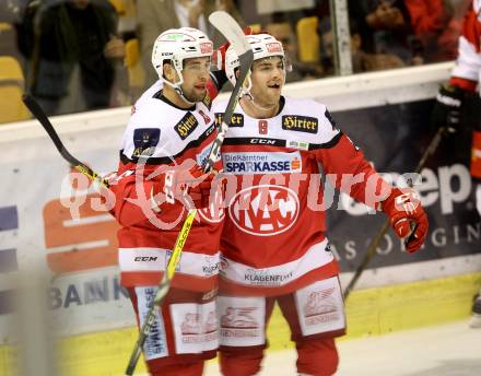 EBEL. Eishockey Bundesliga.  KAC gegen HC Orli Znojmo. Torjubel Ziga Pance, Neal Matthew (KAC). Klagenfurt, am 23.9.2016.
Foto: Kuess 
---
pressefotos, pressefotografie, kuess, qs, qspictures, sport, bild, bilder, bilddatenbank