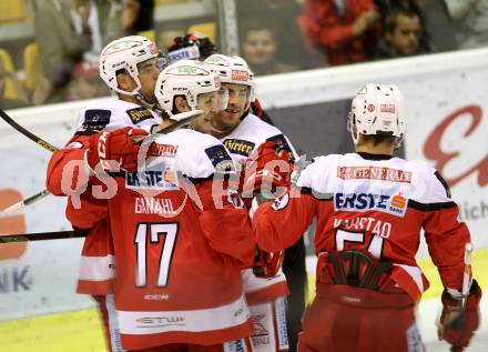 EBEL. Eishockey Bundesliga.  KAC gegen HC Orli Znojmo. Torjubel Ziga Pance, Neal Matthew, Manuel Ganahl, Kevin Kapstad  (KAC). Klagenfurt, am 23.9.2016.
Foto: Kuess 
---
pressefotos, pressefotografie, kuess, qs, qspictures, sport, bild, bilder, bilddatenbank