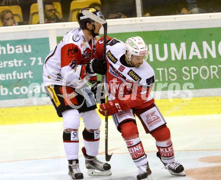 EBEL. Eishockey Bundesliga.  KAC gegen HC Orli Znojmo. Thomas Koch,  (KAC), Jakub Stehlik (Znojmo). Klagenfurt, am 23.9.2016.
Foto: Kuess 
---
pressefotos, pressefotografie, kuess, qs, qspictures, sport, bild, bilder, bilddatenbank