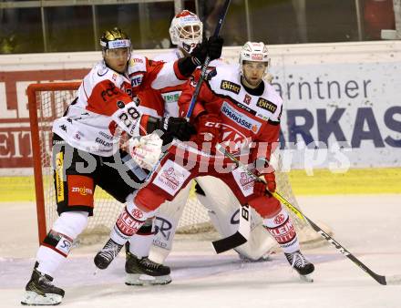EBEL. Eishockey Bundesliga.  KAC gegen HC Orli Znojmo. Ziga Pance, (KAC), Marek Biro (Znojmo). Klagenfurt, am 23.9.2016.
Foto: Kuess 
---
pressefotos, pressefotografie, kuess, qs, qspictures, sport, bild, bilder, bilddatenbank