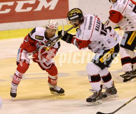 EBEL. Eishockey Bundesliga.  KAC gegen HC Orli Znojmo. Johannes Bischofberger,  (KAC), Petr Kalus (Znojmo). Klagenfurt, am 23.9.2016.
Foto: Kuess 
---
pressefotos, pressefotografie, kuess, qs, qspictures, sport, bild, bilder, bilddatenbank