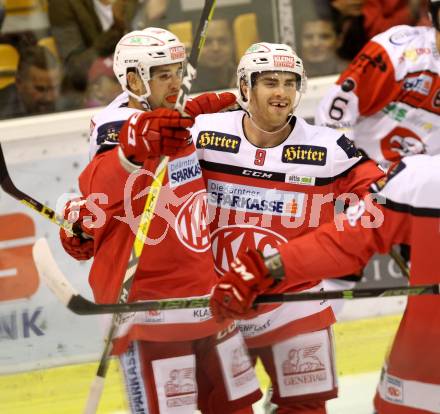 EBEL. Eishockey Bundesliga.  KAC gegen HC Orli Znojmo. Torjubel Ziga Pance, Neal Matthew, (KAC). Klagenfurt, am 23.9.2016.
Foto: Kuess 
---
pressefotos, pressefotografie, kuess, qs, qspictures, sport, bild, bilder, bilddatenbank