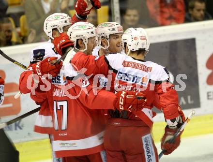 EBEL. Eishockey Bundesliga.  KAC gegen HC Orli Znojmo. Torjubel Ziga Pance, Neal Matthew, Manuel Ganahl, Kevin Kapstad  (KAC). Klagenfurt, am 23.9.2016.
Foto: Kuess 
---
pressefotos, pressefotografie, kuess, qs, qspictures, sport, bild, bilder, bilddatenbank