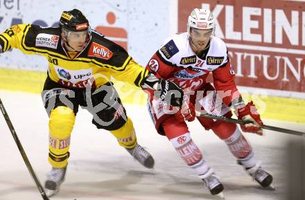 EBEL. Eishockey Bundesliga. KAC gegen 	UPC Vienna Capitals. Steven Strong,  (KAC), Mario Fischer (Vienna). Klagenfurt, am 6.10.2016.
Foto: Kuess

---
pressefotos, pressefotografie, kuess, qs, qspictures, sport, bild, bilder, bilddatenbank