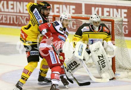 EBEL. Eishockey Bundesliga. KAC gegen 	UPC Vienna Capitals. Stefan Geier, (KAC), Philippe Lakos, Jean Philippe Lamoureux (Vienna). Klagenfurt, am 6.10.2016.
Foto: Kuess

---
pressefotos, pressefotografie, kuess, qs, qspictures, sport, bild, bilder, bilddatenbank