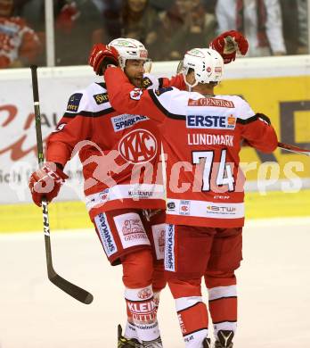 EBEL. Eishockey Bundesliga. KAC gegen 	UPC Vienna Capitals. Torjubel Christoph Duller, Jamie Lundmark (KAC). Klagenfurt, am 6.10.2016.
Foto: Kuess

---
pressefotos, pressefotografie, kuess, qs, qspictures, sport, bild, bilder, bilddatenbank