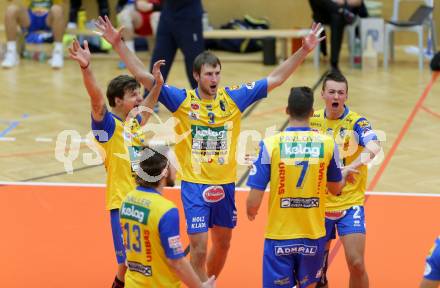 Volleyball MEVZA. SK Posojilnica Aich/Dob gegen Calcit Volleyball Kamnik. Jubel (Aich/Dob). Bleiburg, am 13.10.2016.
Foto: Kuess

---
pressefotos, pressefotografie, kuess, qs, qspictures, sport, bild, bilder, bilddatenbank