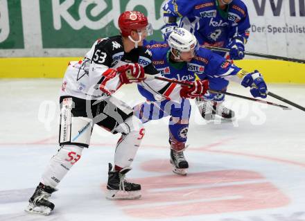 EBEL. Eishockey Bundesliga.  VSV gegen HC TWK Innsbruck Die Haie. Dustin Johner,  (VSV), Mario Ebner (Innsbruck). Villach, am 14.10.2016.
Foto: Kuess 
---
pressefotos, pressefotografie, kuess, qs, qspictures, sport, bild, bilder, bilddatenbank