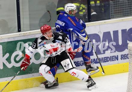 EBEL. Eishockey Bundesliga.  VSV gegen HC TWK Innsbruck Die Haie. Dustin Johner, (VSV), Mario Ebner (Innsbruck). Villach, am 14.10.2016.
Foto: Kuess 
---
pressefotos, pressefotografie, kuess, qs, qspictures, sport, bild, bilder, bilddatenbank