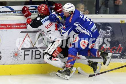 EBEL. Eishockey Bundesliga.  VSV gegen HC TWK Innsbruck Die Haie. Patrick Platzer, (VSV), Benedikt Schennach  (Innsbruck). Villach, am 14.10.2016.
Foto: Kuess 
---
pressefotos, pressefotografie, kuess, qs, qspictures, sport, bild, bilder, bilddatenbank