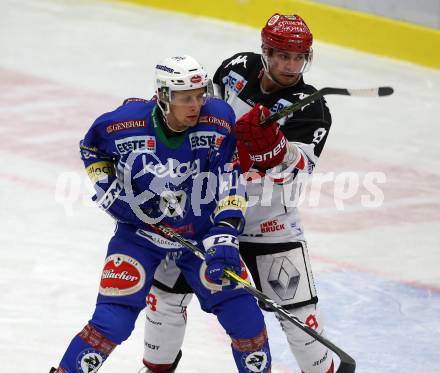 EBEL. Eishockey Bundesliga.  VSV gegen HC TWK Innsbruck Die Haie. Nico Brunner,  (VSV), Hunter Bishop (Innsbruck). Villach, am 14.10.2016.
Foto: Kuess 
---
pressefotos, pressefotografie, kuess, qs, qspictures, sport, bild, bilder, bilddatenbank