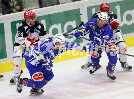 EBEL. Eishockey Bundesliga.  VSV gegen HC TWK Innsbruck Die Haie. Dustin Johner, Brock McBride, Christof Kromp, (VSV), Florian Pedevilla, Jason Desantis  (Innsbruck). Villach, am 14.10.2016.
Foto: Kuess 
---
pressefotos, pressefotografie, kuess, qs, qspictures, sport, bild, bilder, bilddatenbank