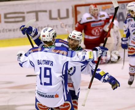 EBEL. Eishockey Bundesliga. KAC gegen VSV. Torjubel Stefan Bacher, Markus Schlacher (VSV). Klagenfurt, am 16.10.2016.
Foto: Kuess

---
pressefotos, pressefotografie, kuess, qs, qspictures, sport, bild, bilder, bilddatenbank