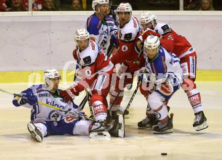 EBEL. Eishockey Bundesliga. KAC gegen VSV. Matthew Neal, Mark Popovic, Christoph Duller, (KAC), Eric Hunter, Brock McBride, Dustin Johner (VSV). Klagenfurt, am 16.10.2016.
Foto: Kuess

---
pressefotos, pressefotografie, kuess, qs, qspictures, sport, bild, bilder, bilddatenbank