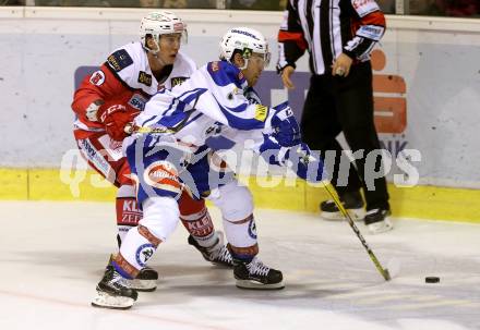 EBEL. Eishockey Bundesliga. KAC gegen VSV. Patrick Harand, (KAC), Brock McBride  (VSV). Klagenfurt, am 16.10.2016.
Foto: Kuess

---
pressefotos, pressefotografie, kuess, qs, qspictures, sport, bild, bilder, bilddatenbank