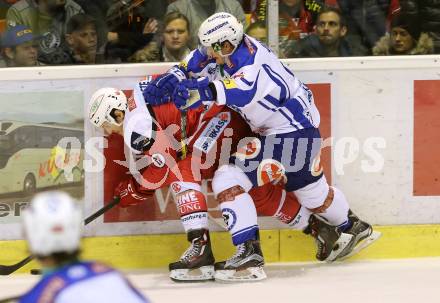 EBEL. Eishockey Bundesliga. KAC gegen VSV. Manuel Ganahl, (KAC), Mikko Jokela  (VSV). Klagenfurt, am 16.10.2016.
Foto: Kuess

---
pressefotos, pressefotografie, kuess, qs, qspictures, sport, bild, bilder, bilddatenbank
