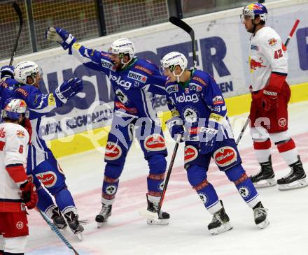 EBEL. Eishockey Bundesliga. VSV gegen EC Red Bull Salzburg. Torjubel Philipp Pinter, Benjamin Petrik, Valentin Leiler (VSV). Villach, am 18.10.2016.
Foto: Kuess

---
pressefotos, pressefotografie, kuess, qs, qspictures, sport, bild, bilder, bilddatenbank