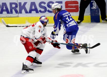 EBEL. Eishockey Bundesliga. VSV gegen EC Red Bull Salzburg. Christof Kromp, (VSV), Alexander Pallestrang (Salzburg). Villach, am 18.10.2016.
Foto: Kuess

---
pressefotos, pressefotografie, kuess, qs, qspictures, sport, bild, bilder, bilddatenbank