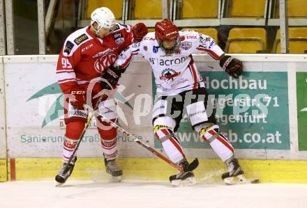 Eishockey AHL. Sky Alps Hockey League. KAC gegen Jesenice. Rene Krumpl, (KAC), Ales Kranjc (Jesenice). Klagenfurt, am 18.10.2016.
Foto: Kuess

---
pressefotos, pressefotografie, kuess, qs, qspictures, sport, bild, bilder, bilddatenbank
