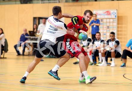 Handball HLA. SC Ferlach gegen Moser Medical UHK Krems. Mario Simic, (Ferlach), Sebastian Feichtinger (Krems). Ferlach, am 25.10.2016.
Foto: Kuess

---
pressefotos, pressefotografie, kuess, qs, qspictures, sport, bild, bilder, bilddatenbank